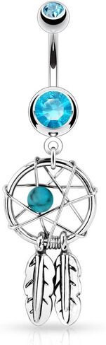 Forbidden Body Jewelry Surgical Steel Double Jeweled Dream Catcher Feathers Dangle Belly Button Ring (Clear, Purple, Red, Light Blue, Pink) in Saudi Arabia