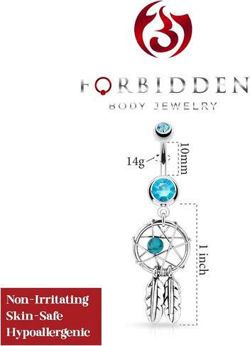 Forbidden Body Jewelry Surgical Steel Double Jeweled Dream Catcher Feathers Dangle Belly Button Ring (Clear, Purple, Red, Light Blue, Pink) in Saudi Arabia