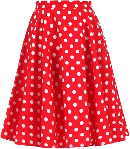 Women 50s Vintage Polka Dot A Line Pleated Midi Skirt Floral Cherry Cocktail Swing Skirt High Waist Knee Length Flared Skirt in Saudi Arabia
