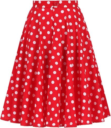 Women 50s Vintage Polka Dot A Line Pleated Midi Skirt Floral Cherry Cocktail Swing Skirt High Waist Knee Length Flared Skirt in Saudi Arabia