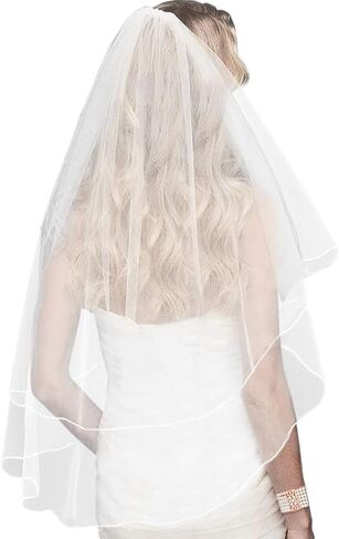 EASEDAILY 2 طبقات طرحة زفاف العروس قصيرة الخصر طول الإصبع حجاب تول الزفاف مع مشط وحافة قلم رصاص (أبيض) in Kuwait