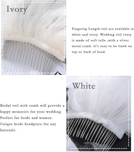 EASEDAILY 2 طبقات طرحة زفاف العروس قصيرة الخصر طول الإصبع حجاب تول الزفاف مع مشط وحافة قلم رصاص (أبيض) in Kuwait
