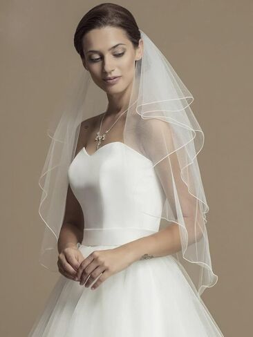 EASEDAILY 2 طبقات طرحة زفاف العروس قصيرة الخصر طول الإصبع حجاب تول الزفاف مع مشط وحافة قلم رصاص (أبيض) in Kuwait