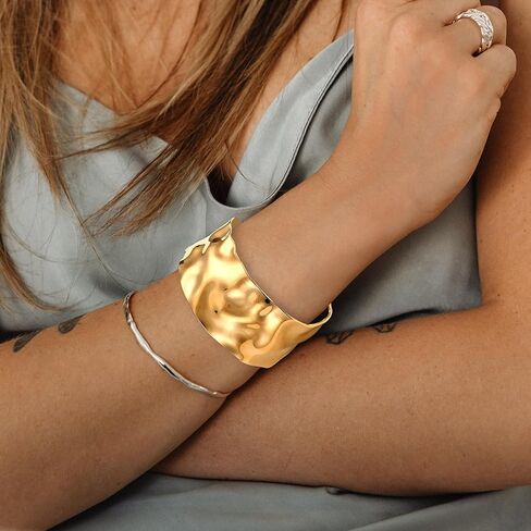 سوار ذهبي مطروق من بيفويس، سوار ذهبي مكتنز، اساور عريضة مفتوحة للنساء، مجوهرات بسيطة هدايا الكريسماس للنساء in Kuwait