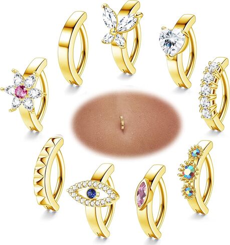 FINREZIO 9PCS 14G Clicker Belly Button Rings for Women Surgical Steel Cute Cubic Zirconia Butterfly Evil Eye Heart Clicker Belly Rings Reverse Navel Rings Summer Body Piercing Jewelry in Kuwait