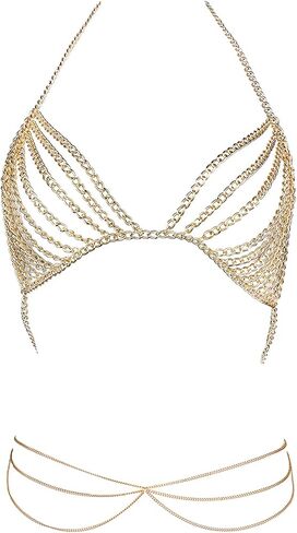 Maijiao Adjustable Gold Body Chain Set - Boho Summer Beach Bikini Belly Chain Jewelry for Women Rave Full Body Jewelry Layered Bra Chain Necklace Chain Dress in Saudi Arabia