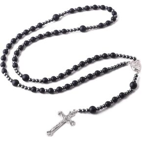 Luomu مسبحة خرز الهيماتيت الأسود مع قطعة مركزية وسام تيرا القدس وصليب مسبحة كاثوليكية للنساء والرجال هدية كاثوليكية in Kuwait