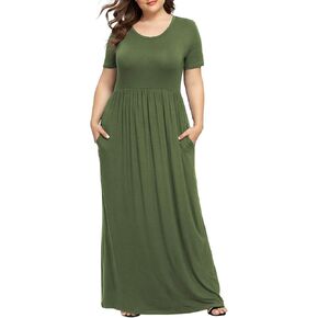 فستان LONGYUAN نسائي كاجوال مقاس كبير وأكمام قصيرة فستان ماكسي XL-6XL مع جيوب in Kuwait