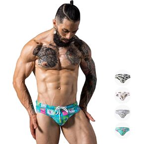F plus R Men's Low Rise Swimwear Briefs Print Bikini Swimsuit Adjustable Drawstring Removable Pad