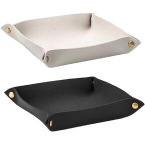 VUKWOO 2 PCS Leather Jewelry Tray Organizer for Key Headset Coin Watch Catchall Holder Valet Tray Bedside Table（Black and Gray） in Kuwait