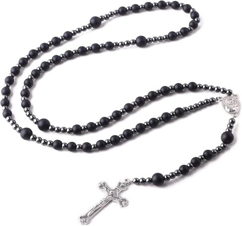 Luomu مسبحة خرز الهيماتيت الأسود مع قطعة مركزية وسام تيرا القدس وصليب مسبحة كاثوليكية للنساء والرجال هدية كاثوليكية in Kuwait