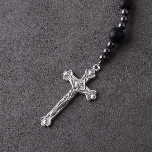 Luomu مسبحة خرز الهيماتيت الأسود مع قطعة مركزية وسام تيرا القدس وصليب مسبحة كاثوليكية للنساء والرجال هدية كاثوليكية in Kuwait