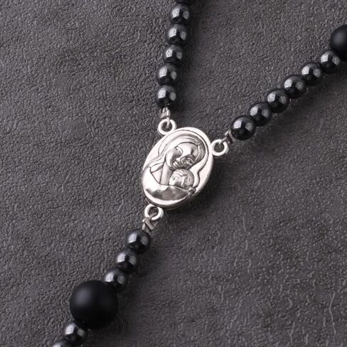 Luomu مسبحة خرز الهيماتيت الأسود مع قطعة مركزية وسام تيرا القدس وصليب مسبحة كاثوليكية للنساء والرجال هدية كاثوليكية in Kuwait