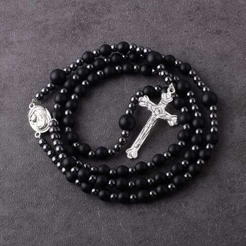 Luomu مسبحة خرز الهيماتيت الأسود مع قطعة مركزية وسام تيرا القدس وصليب مسبحة كاثوليكية للنساء والرجال هدية كاثوليكية in Kuwait