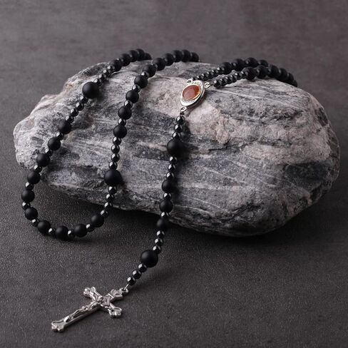 Luomu مسبحة خرز الهيماتيت الأسود مع قطعة مركزية وسام تيرا القدس وصليب مسبحة كاثوليكية للنساء والرجال هدية كاثوليكية in Kuwait