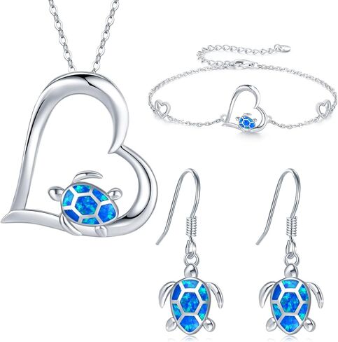 Cuoka Turtle Jewelry Set,925 Sterling Silver Blue Opal Turtle Tortoise Necklace//Turtle Dangle Earrings/Turtle Bracelet Turtle Gifts for Turtle Lover for Women in Saudi Arabia