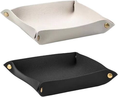 منظم مجوهرات جلدي من قطعتين للمفاتيح وسماعات الرأس والعملات المعدنية، حامل كاتشال للطاولة بجانب السرير، اسود وابيض in Kuwait