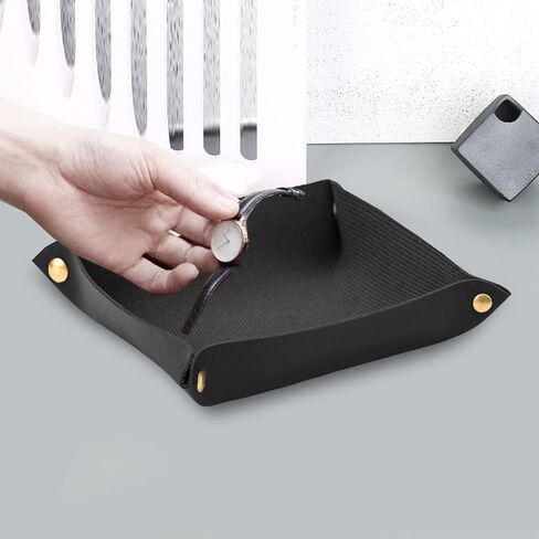 منظم مجوهرات جلدي من قطعتين للمفاتيح وسماعات الرأس والعملات المعدنية، حامل كاتشال للطاولة بجانب السرير، اسود وابيض in Kuwait