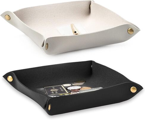 منظم مجوهرات جلدي من قطعتين للمفاتيح وسماعات الرأس والعملات المعدنية، حامل كاتشال للطاولة بجانب السرير، اسود وابيض in Kuwait