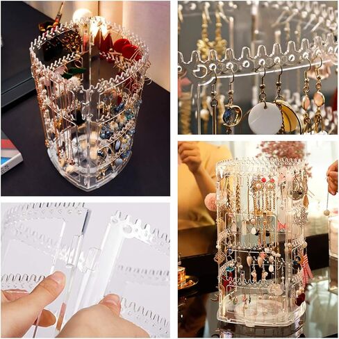 حامل اقراط دوار شفاف بزاوية 360 درجة من الاكريليك، حامل عرض للاقراط مكون من 4 طبقات، حامل عرض على شكل شجرة للاقراط والاساور والقلائد من قطعتين in Kuwait