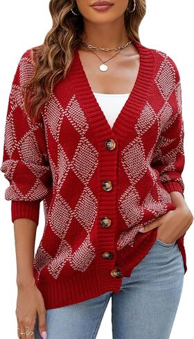 ZAFUL المرأة سترة البلوزات Argyle منقوشة كم طويل زر أسفل Preppy المتضخم مكتنزة متماسكة ملابس خارجية in Saudi Arabia