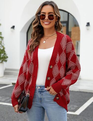 ZAFUL المرأة سترة البلوزات Argyle منقوشة كم طويل زر أسفل Preppy المتضخم مكتنزة متماسكة ملابس خارجية in Saudi Arabia