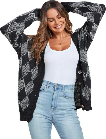 ZAFUL المرأة سترة البلوزات Argyle منقوشة كم طويل زر أسفل Preppy المتضخم مكتنزة متماسكة ملابس خارجية in Saudi Arabia