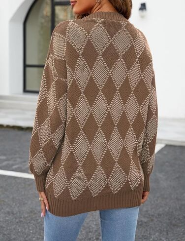 ZAFUL المرأة سترة البلوزات Argyle منقوشة كم طويل زر أسفل Preppy المتضخم مكتنزة متماسكة ملابس خارجية in Saudi Arabia