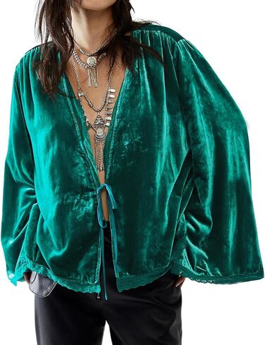 R.Vivimos Women's Fall Velvet Casual Jackets Bell Long Sleeve Tie Front Lace Trim Loose Vintage Kimono Cardigan Short Coat in Saudi Arabia