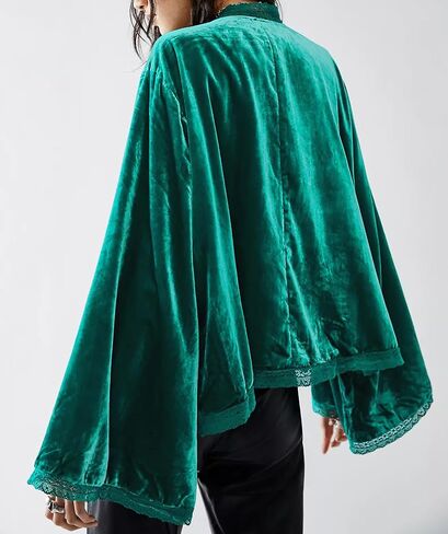R.Vivimos Women's Fall Velvet Casual Jackets Bell Long Sleeve Tie Front Lace Trim Loose Vintage Kimono Cardigan Short Coat in Saudi Arabia