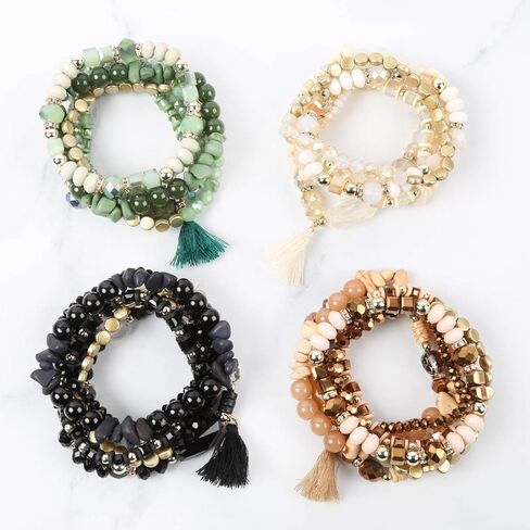 RIAH FASHION Coin Bead Multi Layer Versatile Statement Bracelets - Stackable Beaded Strand Stretch Bangles Sparkly Crystal, Tassel Charm in Kuwait