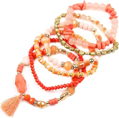 RIAH FASHION Coin Bead Multi Layer Versatile Statement Bracelets - Stackable Beaded Strand Stretch Bangles Sparkly Crystal, Tassel Charm in Kuwait