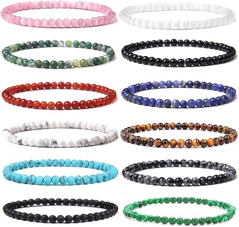 Jewdreamer 12 قطعة 4 مم أساور من الأحجار الكريمة كريستال صغير مطرز أساور للنساء بيان الطاقة سحر شفاء أساور للجنسين الأزواج تمتد أساور مجوهرات in Kuwait