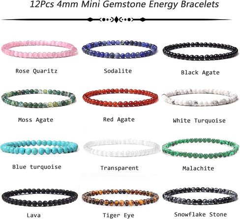 Jewdreamer 12 قطعة 4 مم أساور من الأحجار الكريمة كريستال صغير مطرز أساور للنساء بيان الطاقة سحر شفاء أساور للجنسين الأزواج تمتد أساور مجوهرات in Kuwait