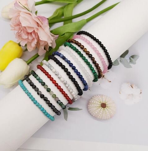 Jewdreamer 12 قطعة 4 مم أساور من الأحجار الكريمة كريستال صغير مطرز أساور للنساء بيان الطاقة سحر شفاء أساور للجنسين الأزواج تمتد أساور مجوهرات in Kuwait