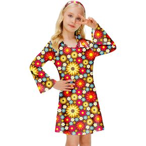 Deerose 60s 70s Girls Hippie Costume with Headband Groovy Floral Printed Dress 5-14 Years