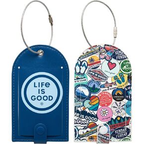 LIFE IS GOOD Luggage Tag - 2 Piece Vegan Leather Travel Suitcase Tag with Name Card - Baggage ID Label with Steel Loop Fastener, Tie Dye Smile