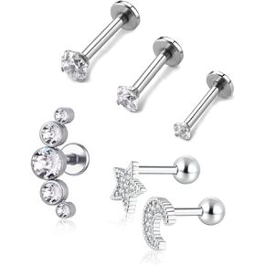 مجموعة أقراط الغضروف 16 جرام من CANDYFANCY للنساء، مجموعة أقراط حلزونية من الفولاذ المقاوم للصدأ بظهر مسطح إلى الأمام من Tragus Daith Rook Conch غضروف ثقب المجوهرات in Kuwait