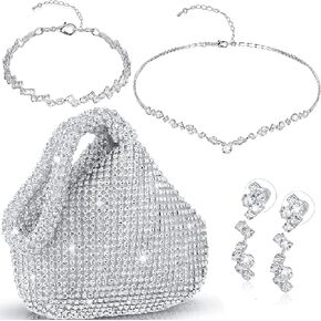 4 Pieces Rhinestone Jewelry SetClutch Purse Prom Jewelry Sets Wedding Bridal Jewelry Rhinestone Necklace Dangle Ear ClipCrystal Jewelry Set Wedding Party