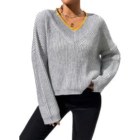 سترة نسائية مخططة من SweatyRocks برقبة على شكل حرف V وأكمام طويلة وكتف منسدل وفضفاضة تناسب الملابس المحبوكة