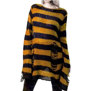 Vinsekep Women's See Through Hole Ripped Striped Long Knit Pullover Dress Sweaters Shirt