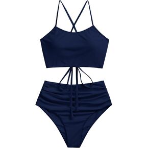 ZAFUL Women's Crisscross Ruched High Waisted Bottom Bikini Set Two Piece Swimsuit Tankini in Kuwait