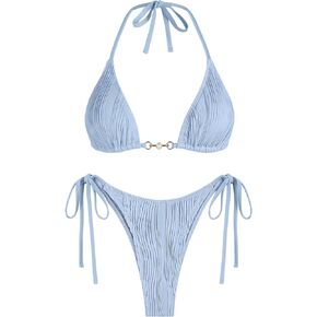 ZAFUL Women's Cutout Bikini Criss Cross Textured Metal High Leg Bikini Sets Cheeky Bikini Two Piece Swimwear