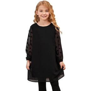 Jxstar Girls Mesh Contrast Long Sleeve Kids A Line Dress Solid Fall Winter Clothes