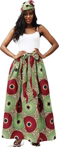 SHENBOLEN Women African Print Skirt Kente Traditional Wax Print Adjustable Strap Maxi Skirt in Kuwait