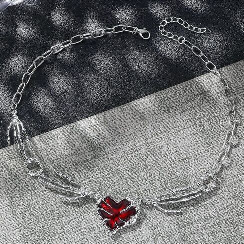 Gopbrer Gothic Heart Necklace, Skeleton Hand Red Heart Necklace, Skull Hand Punk Goth Y2k Accessories for Women in Saudi Arabia