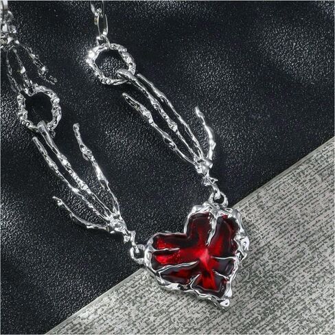Gopbrer Gothic Heart Necklace, Skeleton Hand Red Heart Necklace, Skull Hand Punk Goth Y2k Accessories for Women in Saudi Arabia