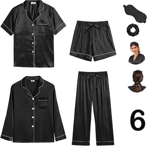 WJing Yi Jia 6Pcs Womens Silk Satin Pajamas Set XS-XXL Pajama Sets Pjs Set Button Down Pj Sets Sleepwear Loungewear in Saudi Arabia