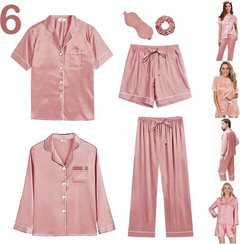 WJing Yi Jia 6Pcs Womens Silk Satin Pajamas Set XS-XXL Pajama Sets Pjs Set Button Down Pj Sets Sleepwear Loungewear in Saudi Arabia