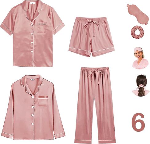 WJing Yi Jia 6Pcs Womens Silk Satin Pajamas Set XS-XXL Pajama Sets Pjs Set Button Down Pj Sets Sleepwear Loungewear in Saudi Arabia